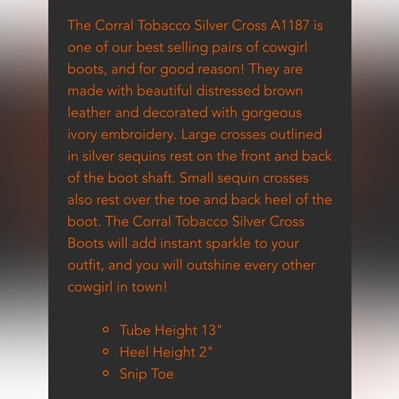 Corral Tobacco Silver Cross Western Boots - Picture 15 of 15